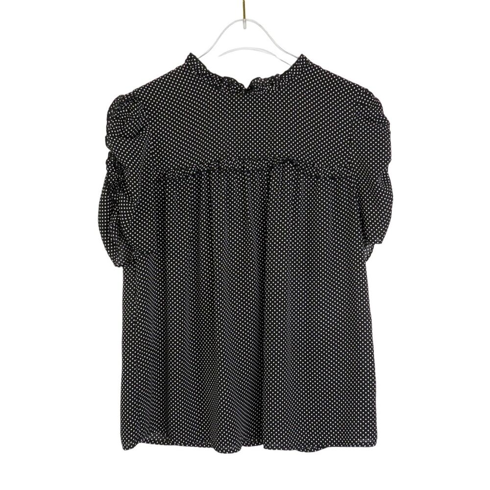 Who What Wear Black and White Polka Dot Short Sleeve Ruffle Sleeve Blouse Small